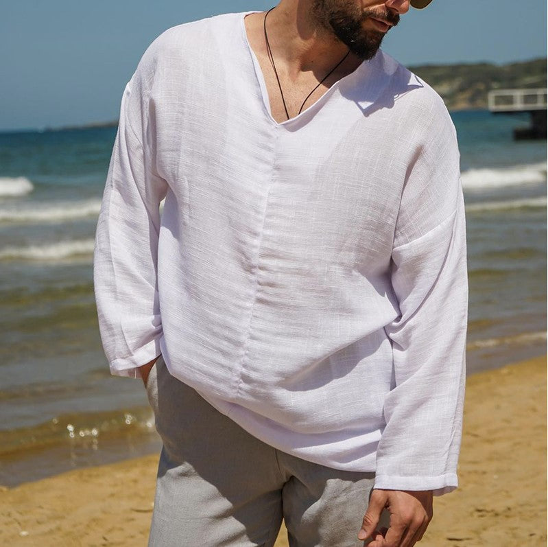 Men's Relaxed Fit Linen V-Neck Shirt - Long Sleeve, Breathable Summer Casual Wear