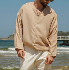 Men's Relaxed Fit Linen V-Neck Shirt - Long Sleeve, Breathable Summer Casual Wear