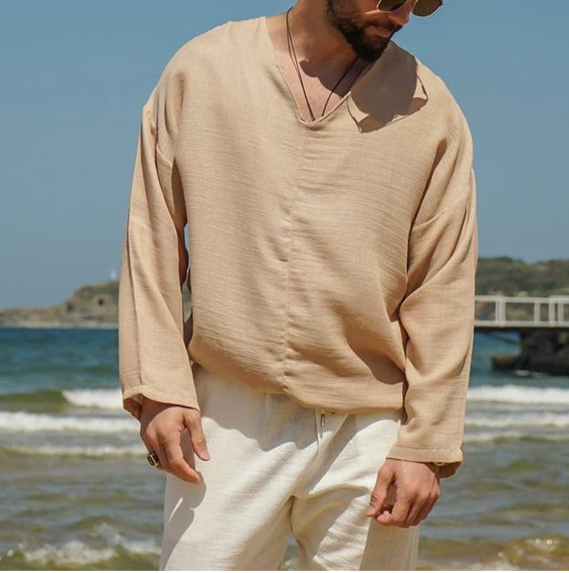 Men's Relaxed Fit Linen V-Neck Shirt - Long Sleeve, Breathable Summer Casual Wear
