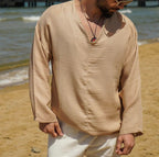 Men's Relaxed Fit Linen V-Neck Shirt - Long Sleeve, Breathable Summer Casual Wear