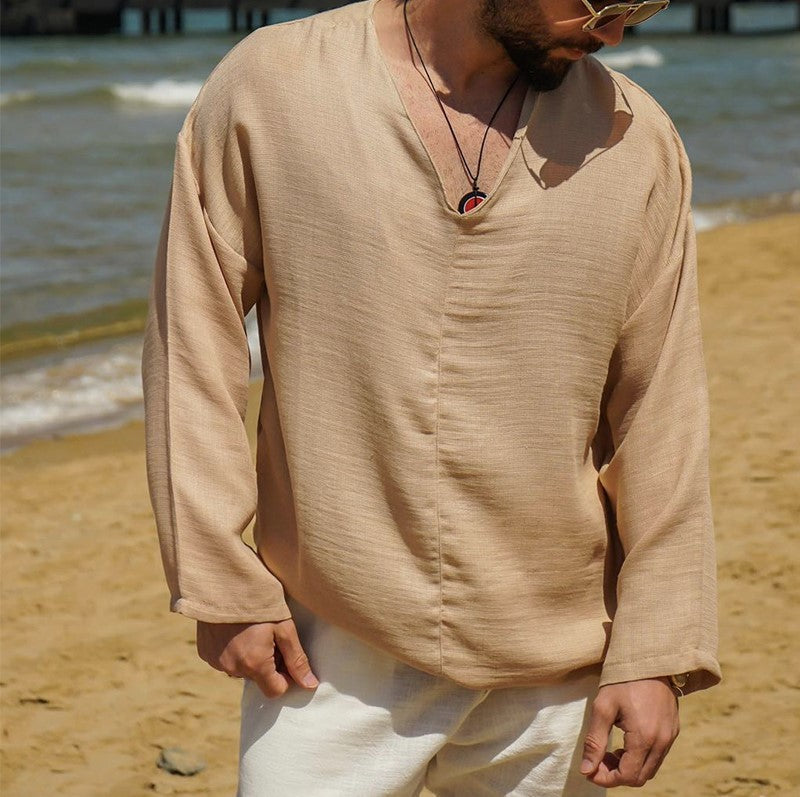 Men's Relaxed Fit Linen V-Neck Shirt - Long Sleeve, Breathable Summer Casual Wear