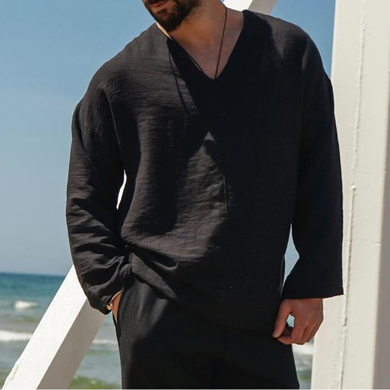 Men's Relaxed Fit Linen V-Neck Shirt - Long Sleeve, Breathable Summer Casual Wear