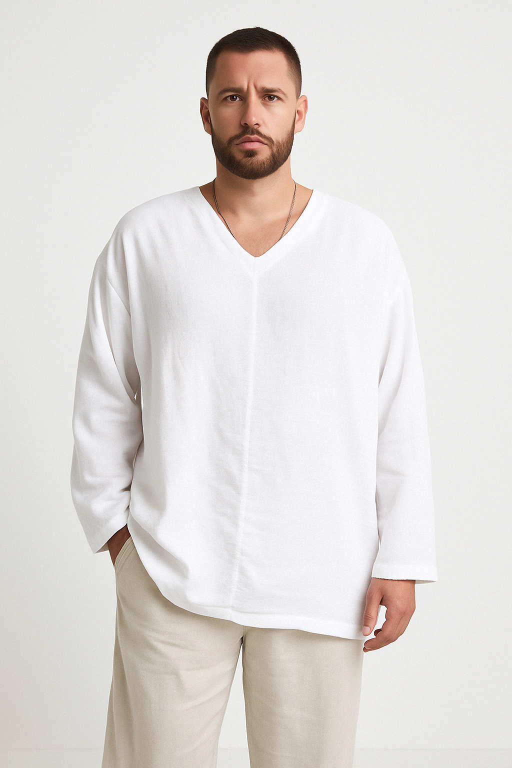 Men's Relaxed Fit Linen V-Neck Shirt - Long Sleeve, Breathable Summer Casual Wear White