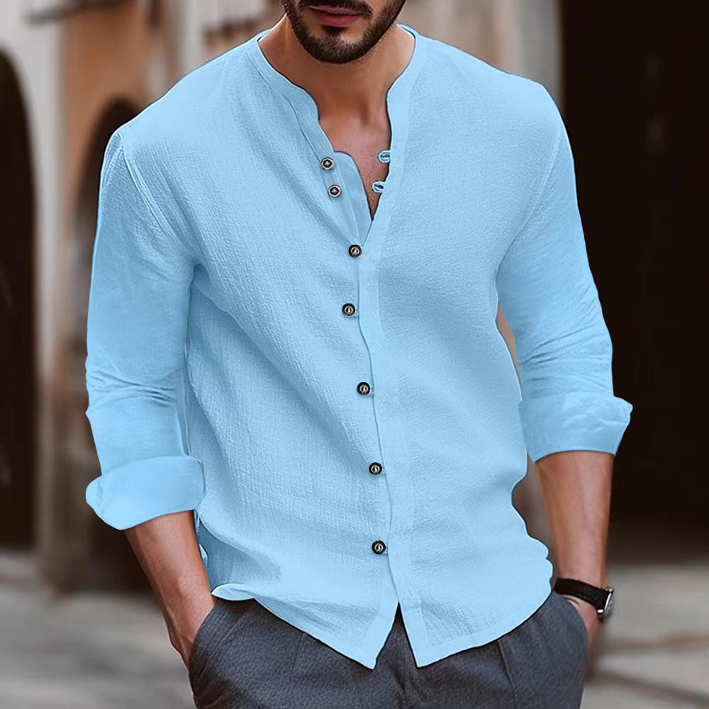 Men's Relaxed Fit Long Sleeve Cotton Linen Blend Shirt - Band Collar Blue