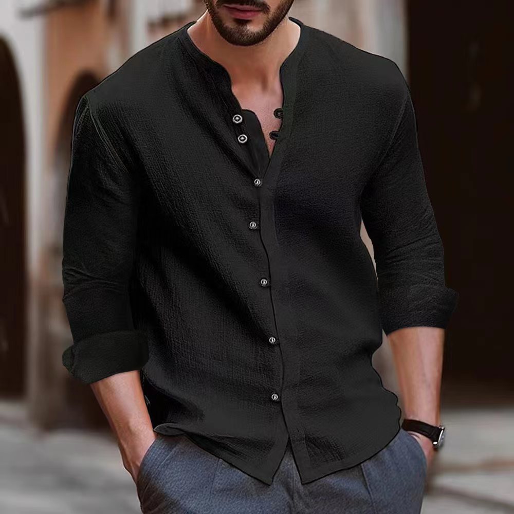 Men's Relaxed Fit Long Sleeve Cotton Linen Blend Shirt - Band Collar Black