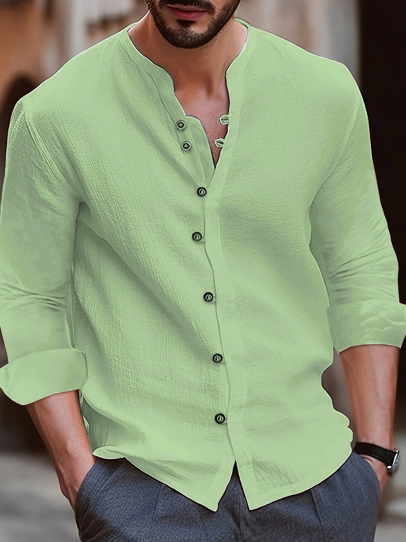Men's Relaxed Fit Long Sleeve Cotton Linen Blend Shirt - Band Collar Green