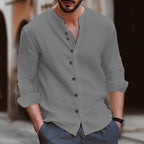 Men's Relaxed Fit Long Sleeve Cotton Linen Blend Shirt - Band Collar Grey