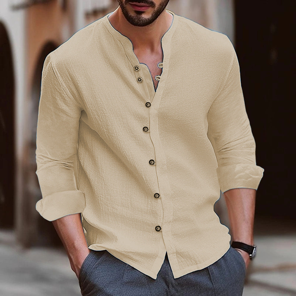 Men's Relaxed Fit Long Sleeve Cotton Linen Blend Shirt - Band Collar Khaki