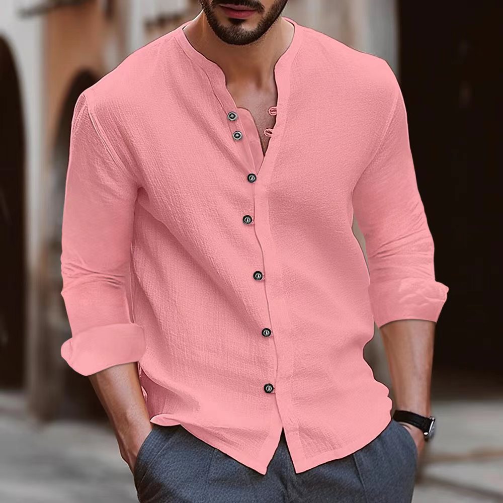 Men's Relaxed Fit Long Sleeve Cotton Linen Blend Shirt - Band Collar Pink