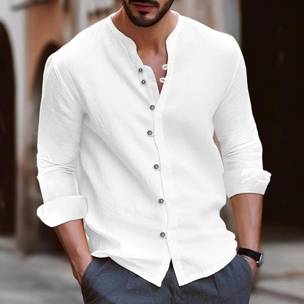 Men's Relaxed Fit Long Sleeve Cotton Linen Blend Shirt - Band Collar White