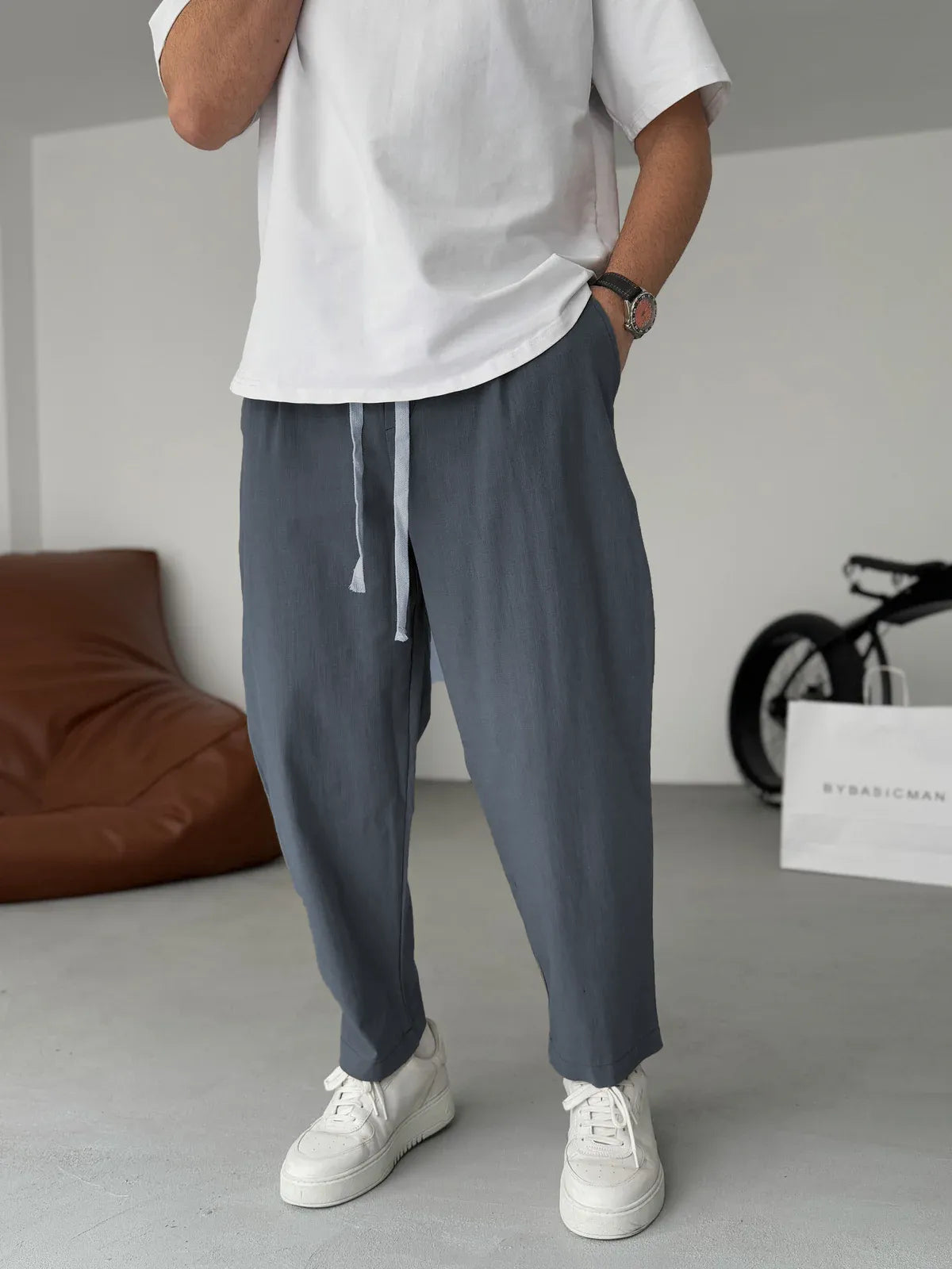 Men's Relaxed Linen Trousers – Lightweight Straight-Leg Summer Essentials Grey