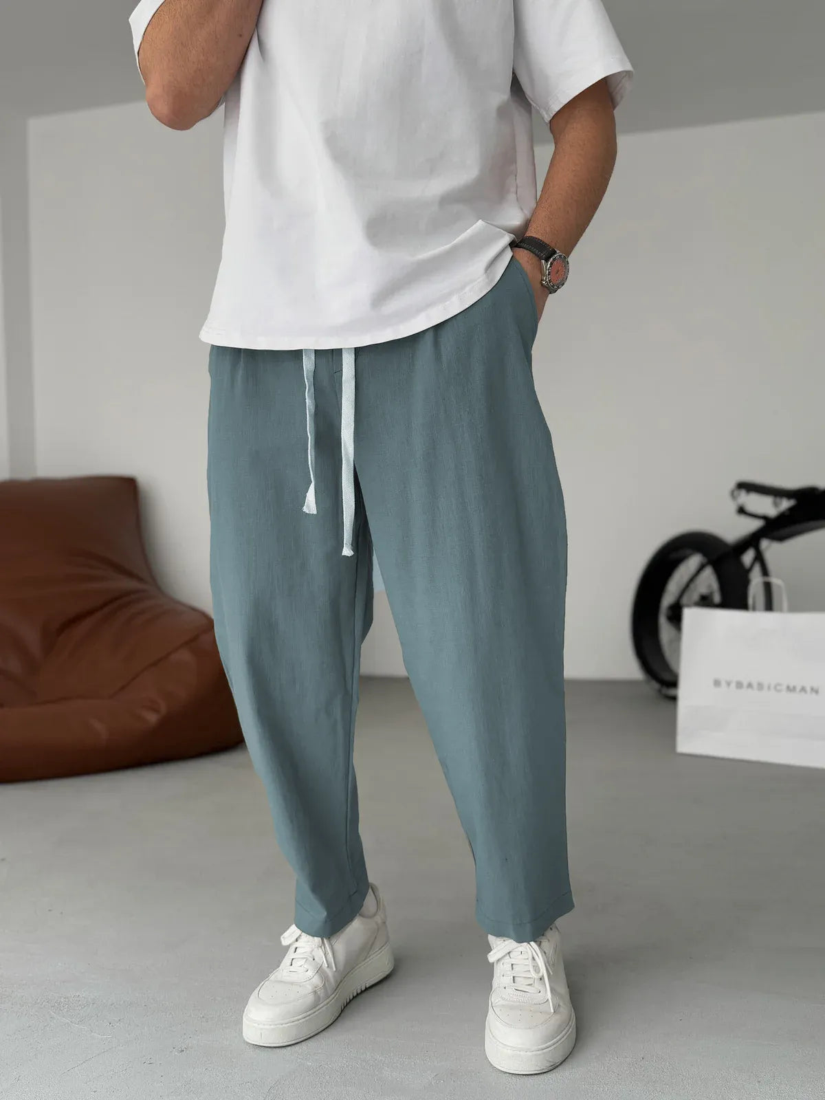 Men's Relaxed Linen Trousers – Lightweight Straight-Leg Summer Essentials Green