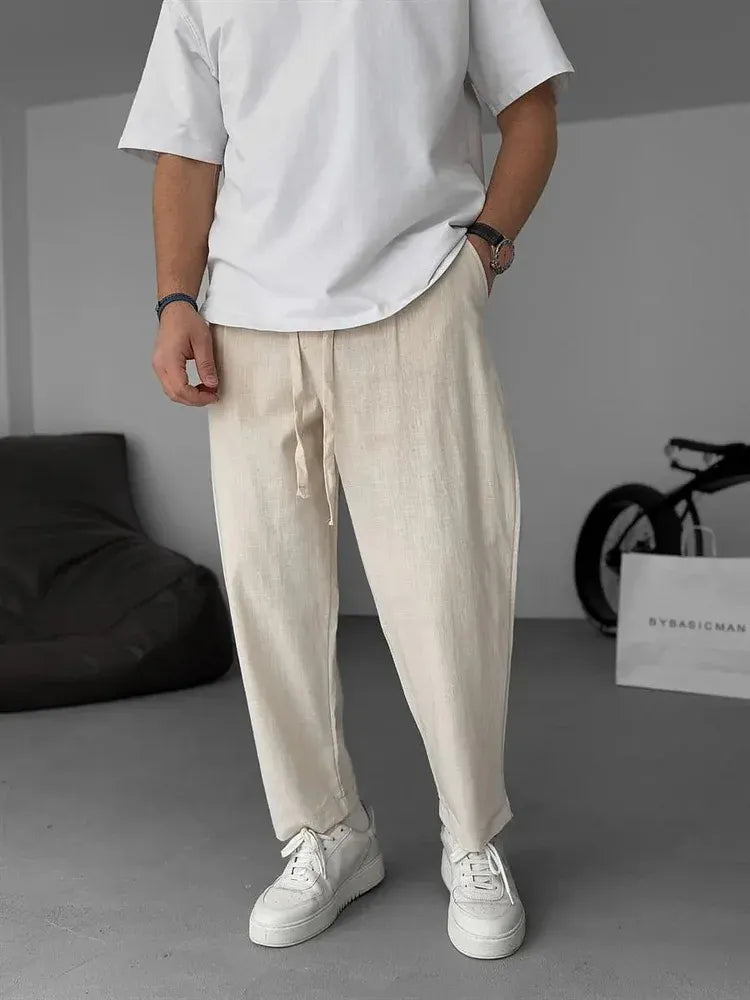 Men's Relaxed Linen Trousers – Lightweight Straight-Leg Summer Essentials Beige