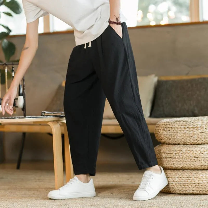 Men’s Relaxed Tapered Linen Trousers – Lightweight Summer Pants for Effortless Style Black