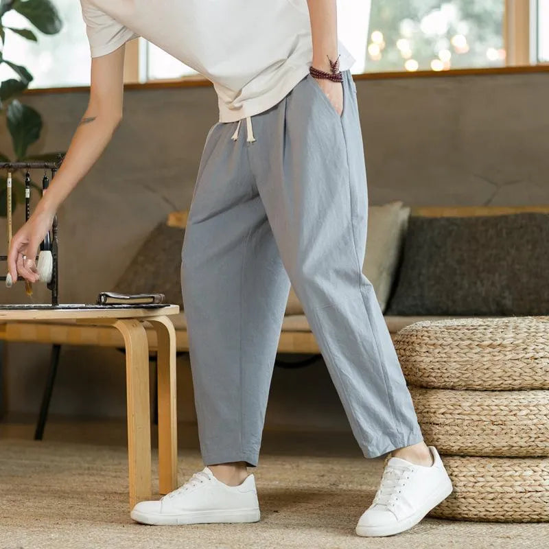Men’s Relaxed Tapered Linen Trousers – Lightweight Summer Pants for Effortless Style Light grey