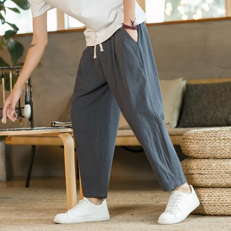 Men’s Relaxed Tapered Linen Trousers – Lightweight Summer Pants for Effortless Style Grey
