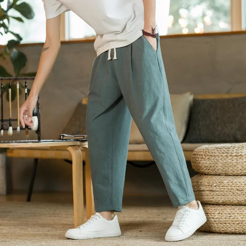 Men’s Relaxed Tapered Linen Trousers – Lightweight Summer Pants for Effortless Style Green