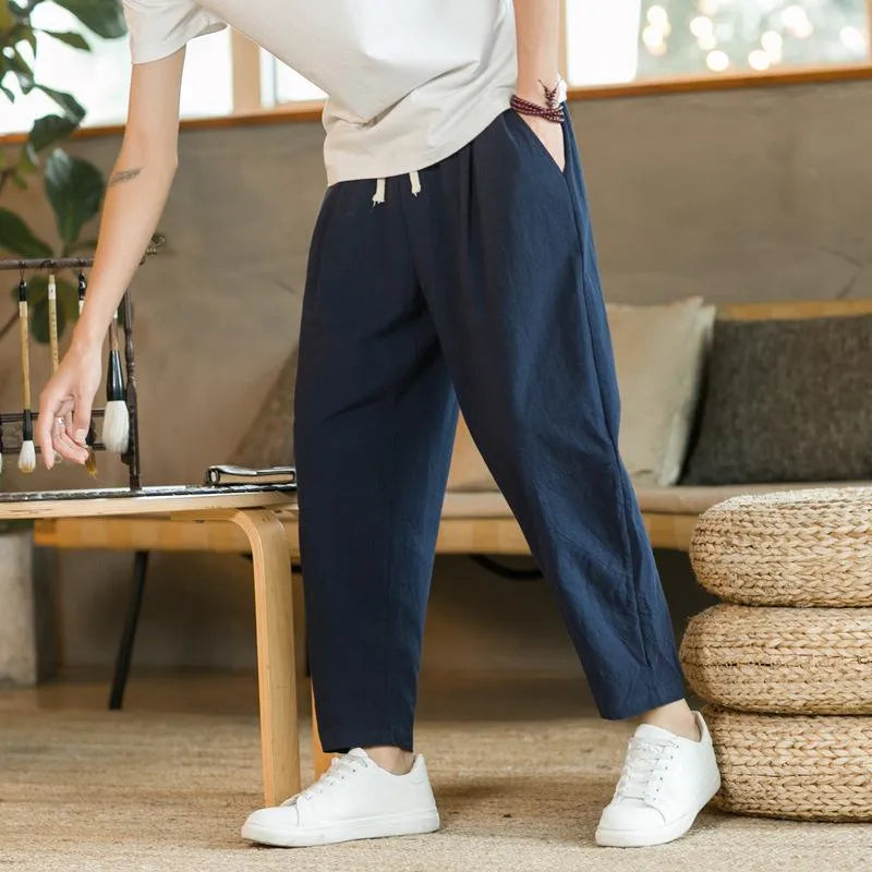 Men’s Relaxed Tapered Linen Trousers – Lightweight Summer Pants for Effortless Style Navy