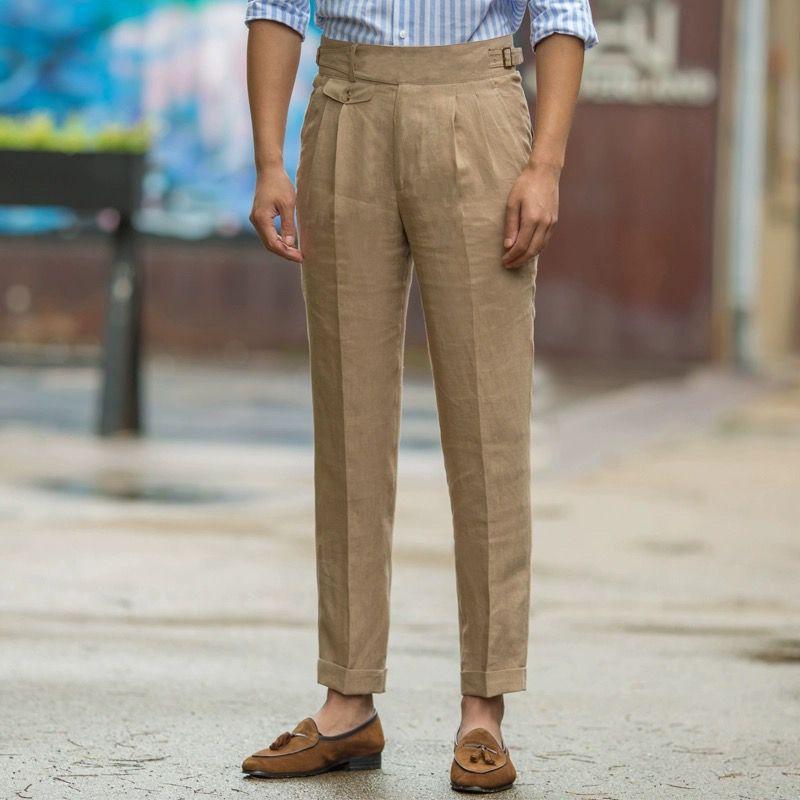Men's Slim Fit High Waist Linen Trousers - Pleated Front Business Casual for Summer Khaki