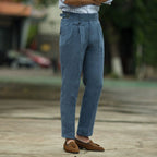 Men's Slim Fit High Waist Linen Trousers - Pleated Front Business Casual for Summer Navy