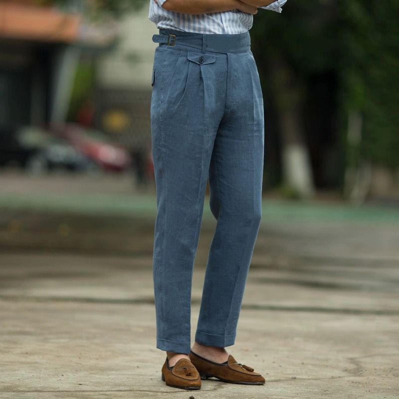 Men's Slim Fit High Waist Linen Trousers - Pleated Front Business Casual for Summer Navy