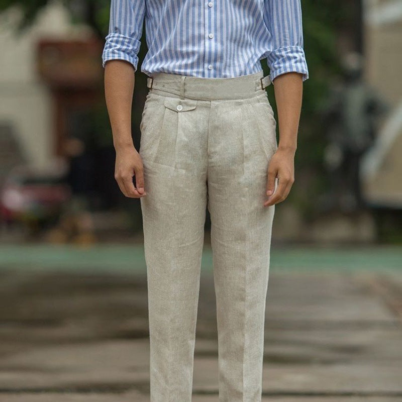 Men's Slim Fit High Waist Linen Trousers - Pleated Front Business Casual for Summer