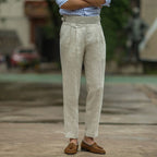 Men's Slim Fit High Waist Linen Trousers - Pleated Front Business Casual for Summer Beige