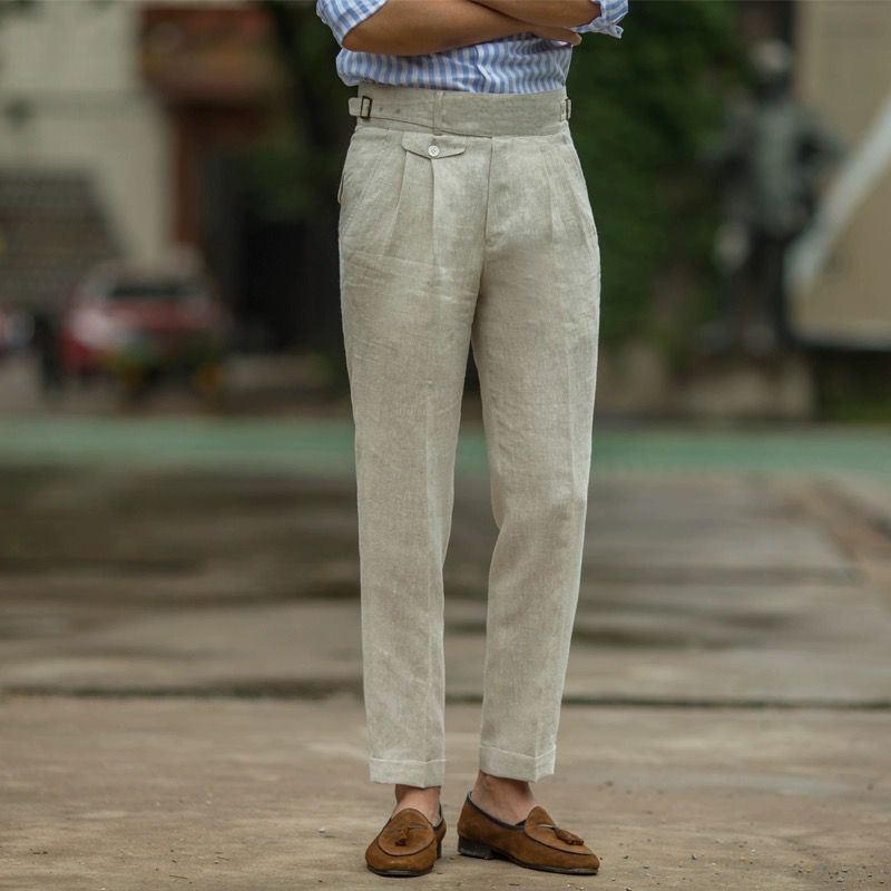 Men's Slim Fit High Waist Linen Trousers - Pleated Front Business Casual for Summer Beige