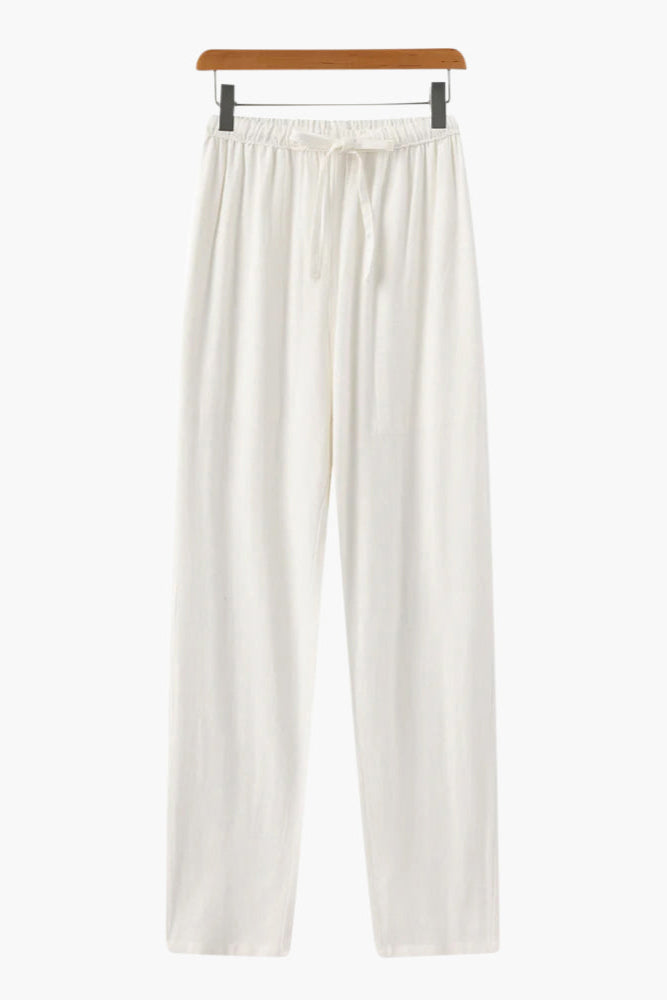 Men’s Slim Fit Linen Trousers – Lightweight Summer Drawstring Pants for Holiday & Everyday Wear White