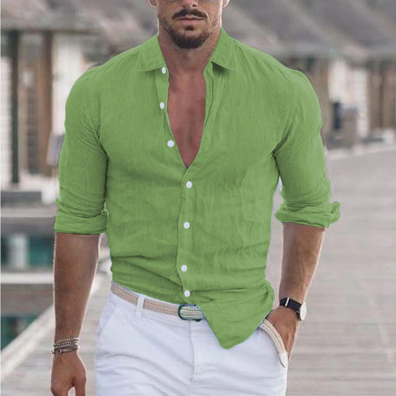 Men's Slim Fit Long Sleeve Linen Blend Shirt - Breathable Band Collar Green