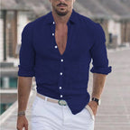 Men's Slim Fit Long Sleeve Linen Blend Shirt - Breathable Band Collar Navy