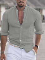 Men's Slim Fit Long Sleeve Linen Blend Shirt - Breathable Band Collar Grey