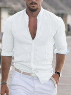 Men's Slim Fit Long Sleeve Linen Blend Shirt - Breathable Band Collar White