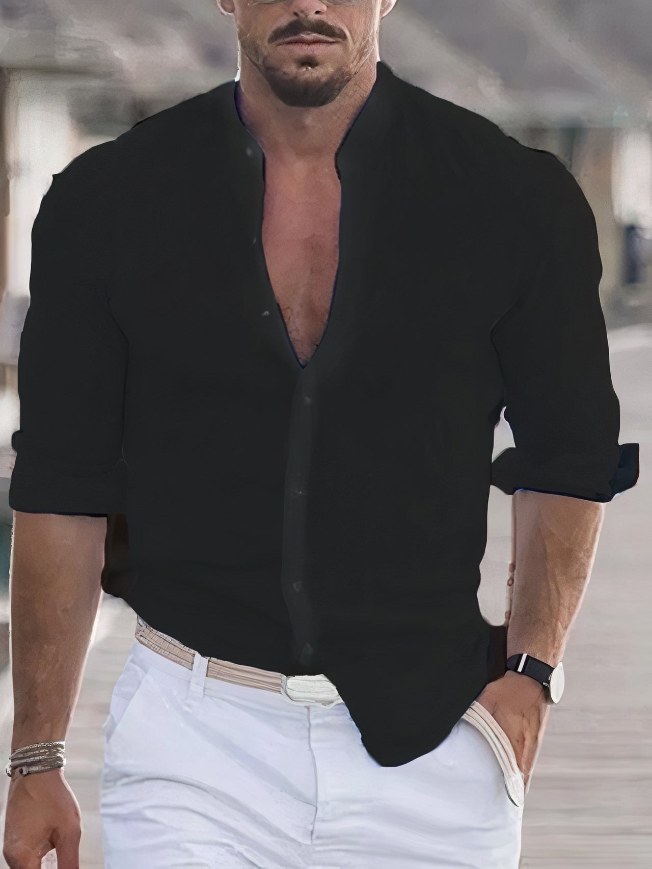 Men's Slim Fit Long Sleeve Linen Blend Shirt - Breathable Band Collar Black