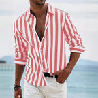 Men's Striped Long Sleeve Shirt - Cotton Linen Blend, Relaxed Fit Casual Red