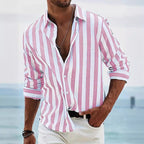 Men's Striped Long Sleeve Shirt - Cotton Linen Blend, Relaxed Fit Casual Pink