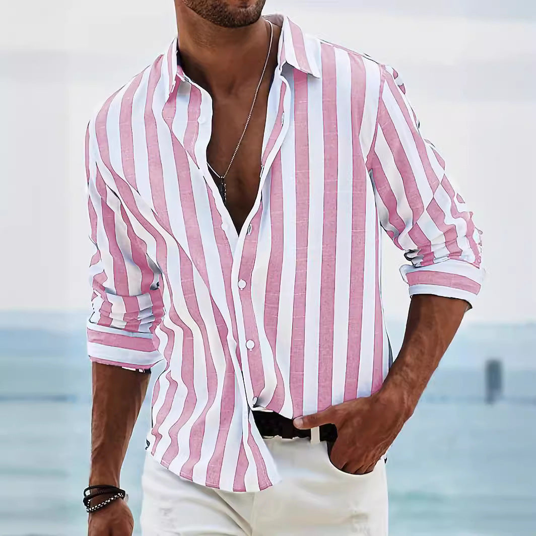 Men's Striped Long Sleeve Shirt - Cotton Linen Blend, Relaxed Fit Casual Pink
