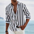 Men's Striped Long Sleeve Shirt - Cotton Linen Blend, Relaxed Fit Casual Black