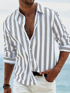 Men's Striped Long Sleeve Shirt - Cotton Linen Blend, Relaxed Fit Casual Light grey