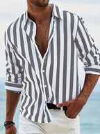 Men's Striped Long Sleeve Shirt - Cotton Linen Blend, Relaxed Fit Casual Grey
