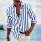 Men's Striped Long Sleeve Shirt - Cotton Linen Blend, Relaxed Fit Casual Blue