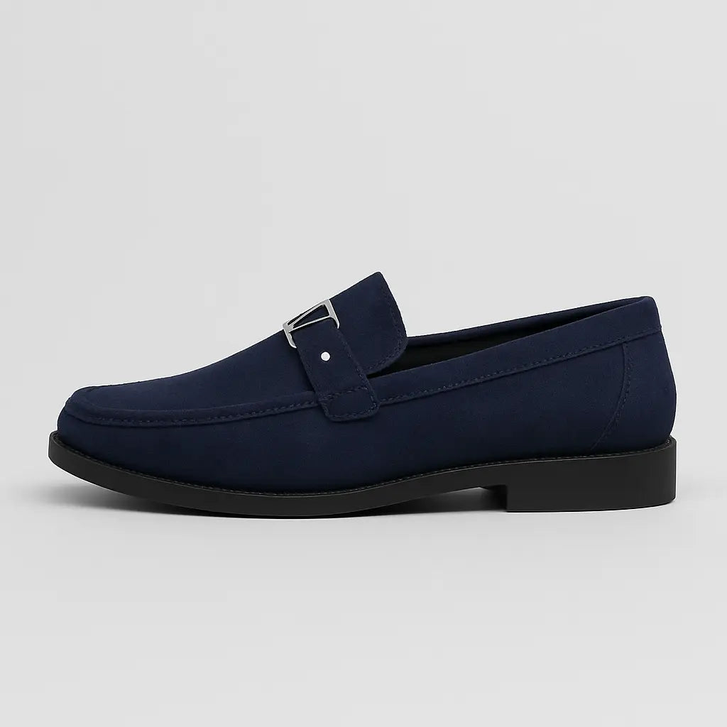 Men's Suede Loafers with V Metal Buckle | Slip-On Dress Shoes for Business, Casual, and Formal Wear