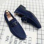 Men's Suede Loafers with V Metal Buckle | Slip-On Dress Shoes for Business, Casual, and Formal Wear