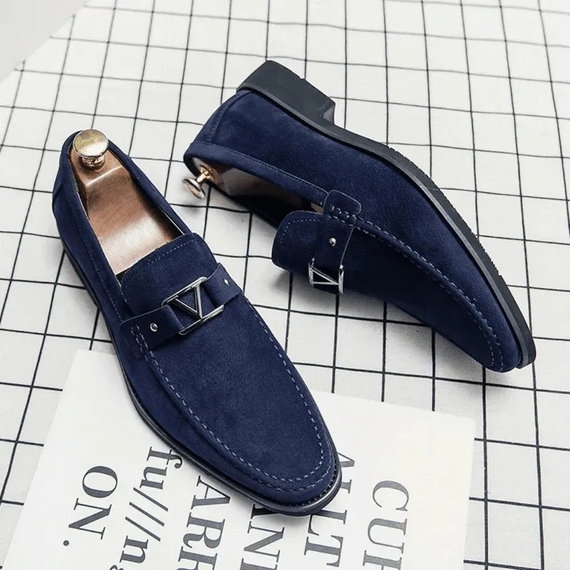 Men's Suede Loafers with V Metal Buckle | Slip-On Dress Shoes for Business, Casual, and Formal Wear