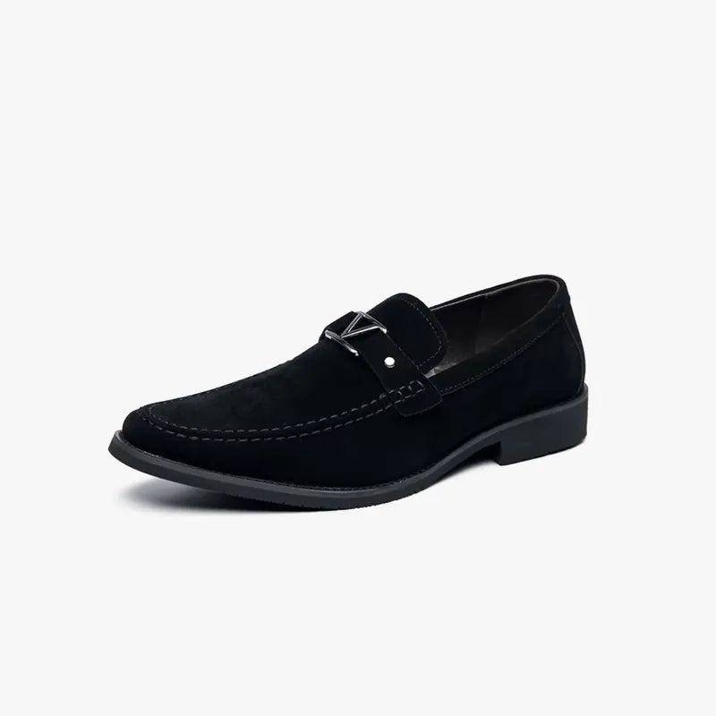 Men's Suede Loafers with V Metal Buckle | Slip-On Dress Shoes for Business, Casual, and Formal Wear Black