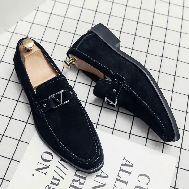 Men's Suede Loafers with V Metal Buckle | Slip-On Dress Shoes for Business, Casual, and Formal Wear