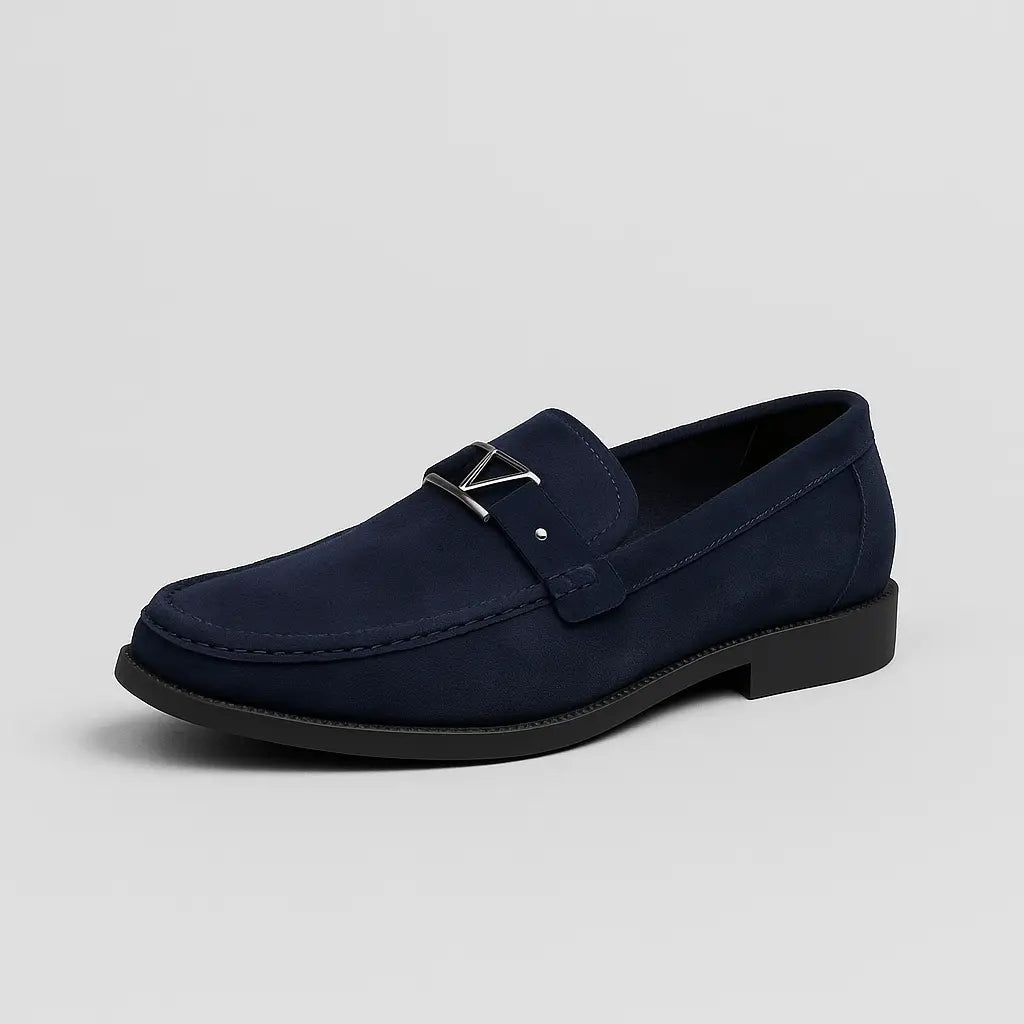 Men's Suede Loafers with V Metal Buckle | Slip-On Dress Shoes for Business, Casual, and Formal Wear Navy