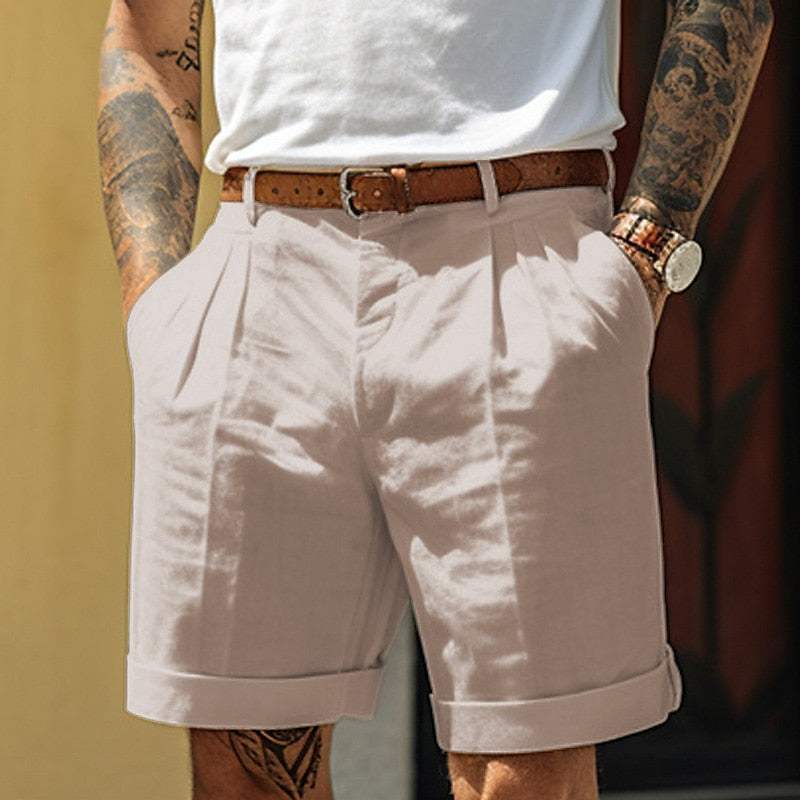 Men's Tailored Cotton Linen Blend Shorts - Pleated Front, Cuffed Hem Beige