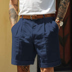 Men's Tailored Cotton Linen Blend Shorts - Pleated Front, Cuffed Hem Blue