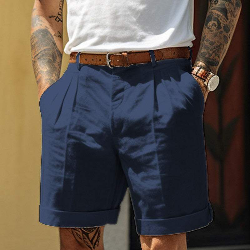 Men's Tailored Cotton Linen Blend Shorts - Pleated Front, Cuffed Hem Blue